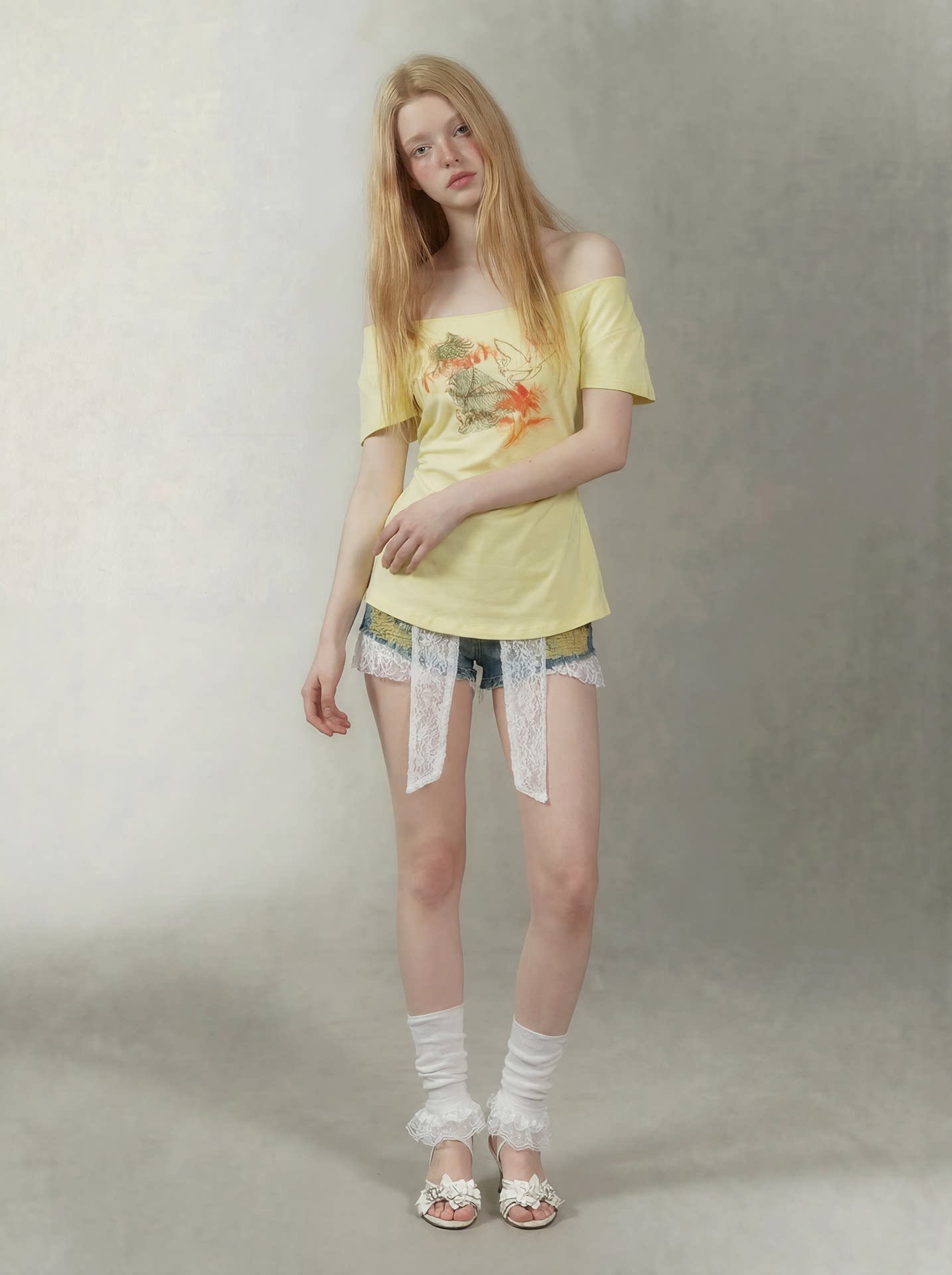 Hand-Drawn Floral Off-Shoulder Tee