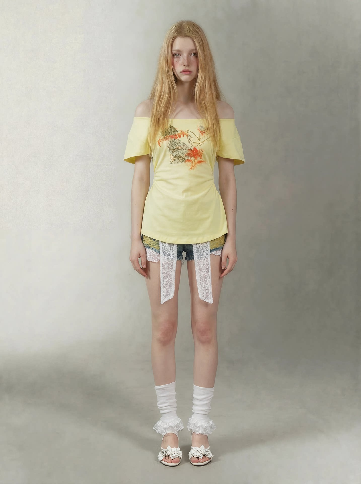 Hand-Drawn Floral Off-Shoulder Tee