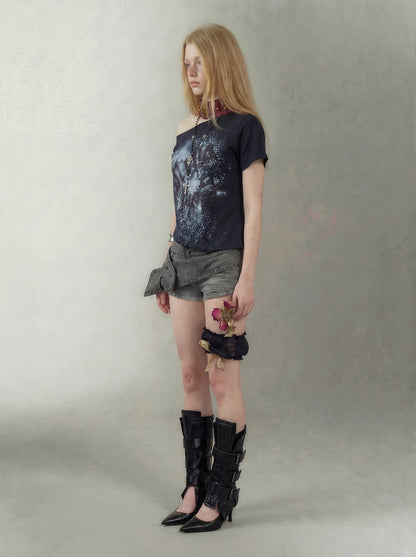 Graphic Waist-Cinched Short-Sleeve Top