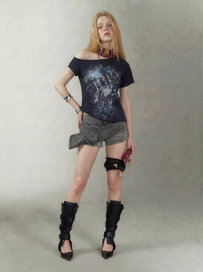 Graphic Waist-Cinched Short-Sleeve Top