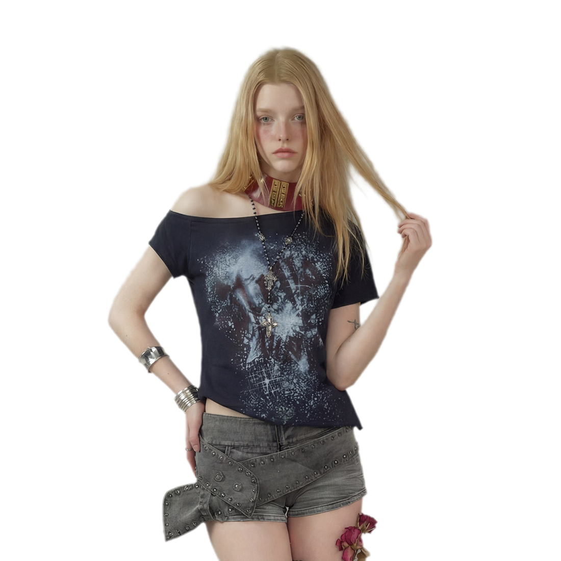 Graphic Waist-Cinched Short-Sleeve Top