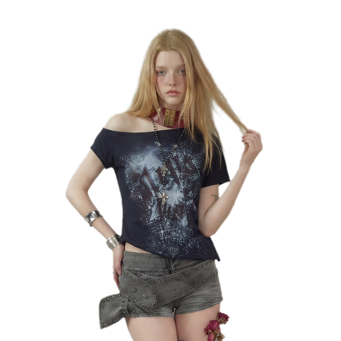 Graphic Waist-Cinched Short-Sleeve Top