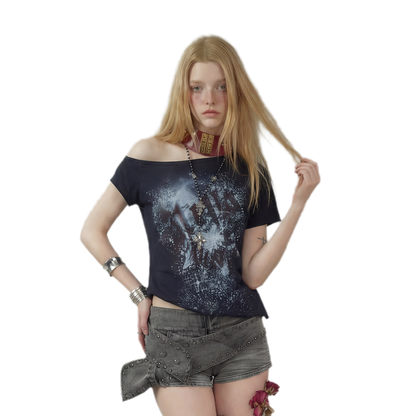 Graphic Waist-Cinched Short-Sleeve Top