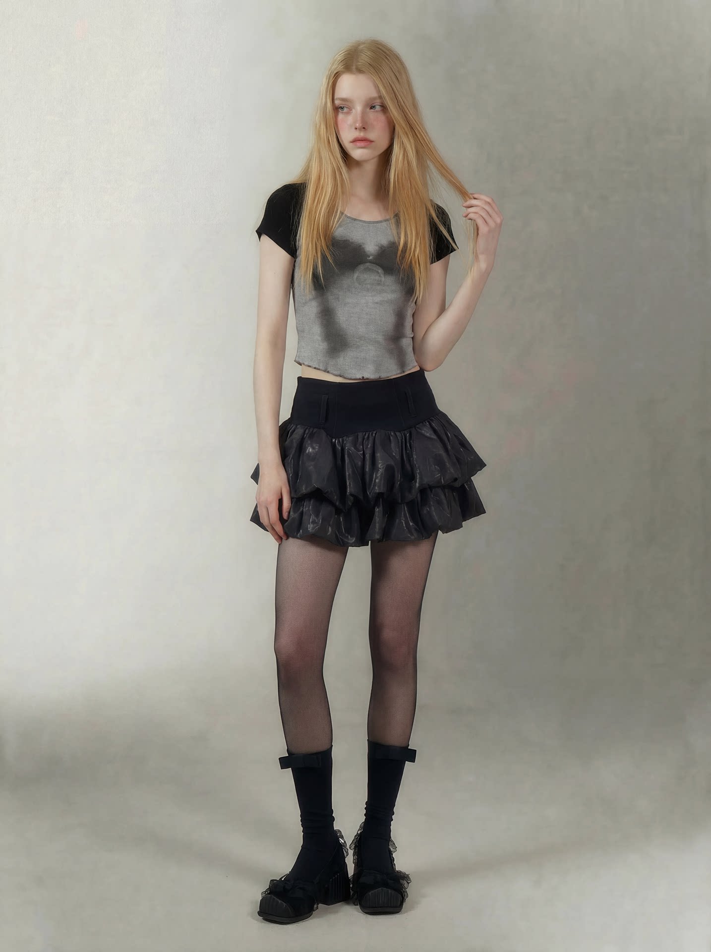 Printed Ruffle Cropped T-Shirt