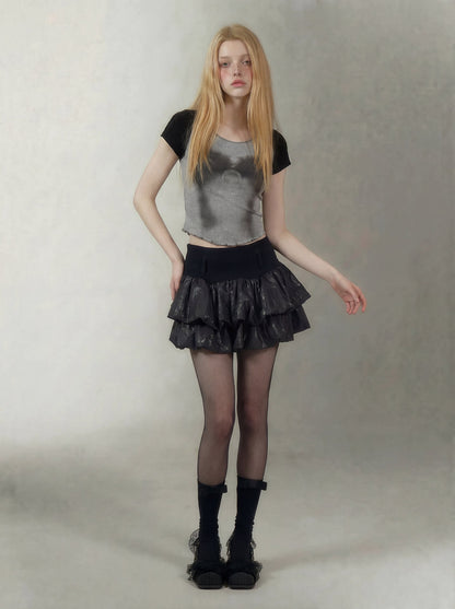 Printed Ruffle Cropped T-Shirt
