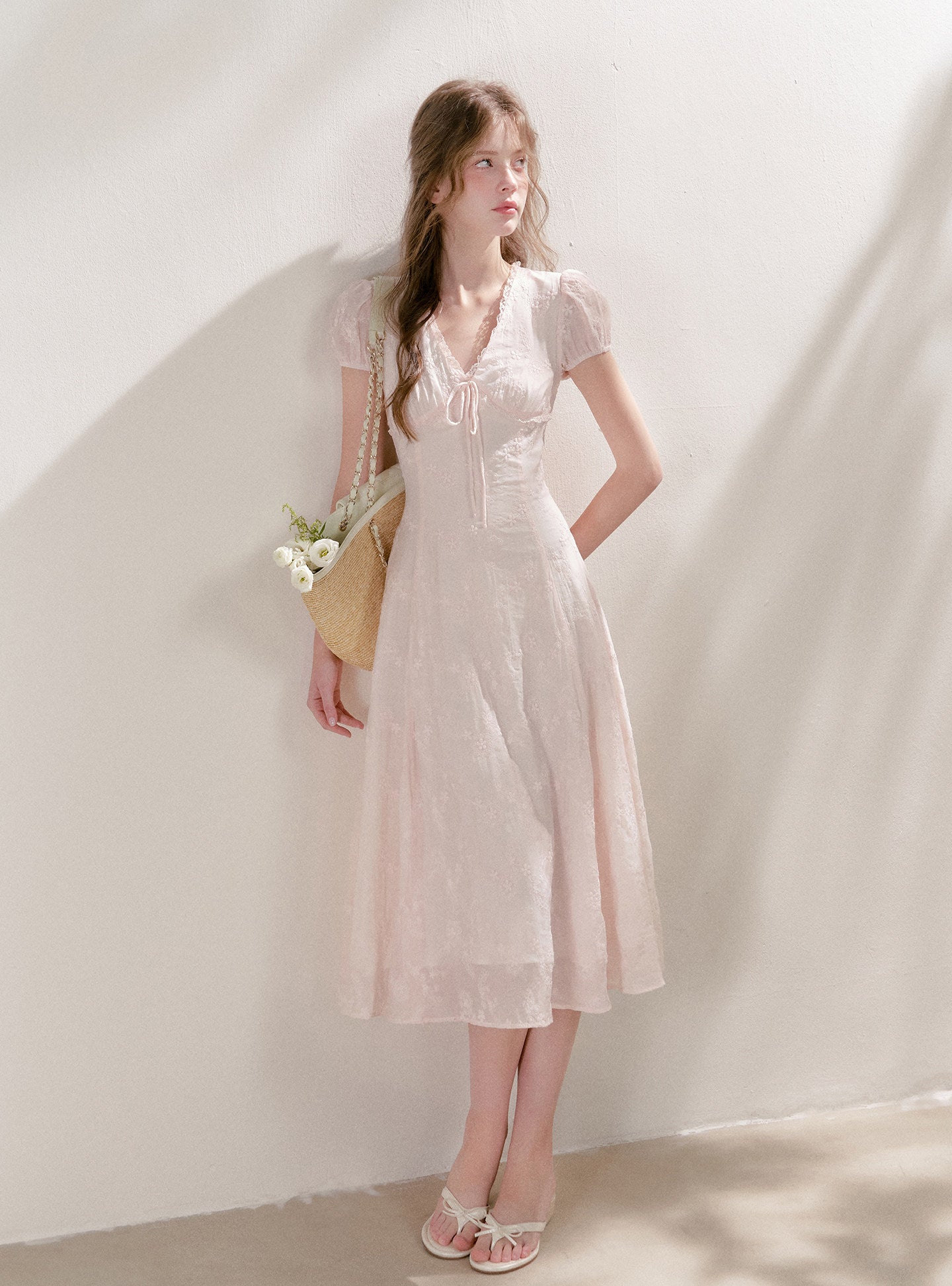 Embroidered Lace Waist Midi Dress