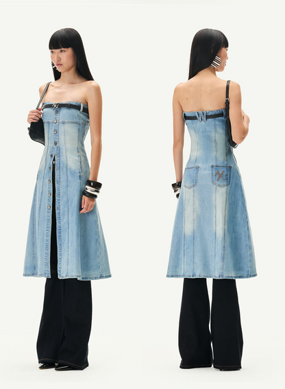 Washed Sculpted Denim Midi Dress