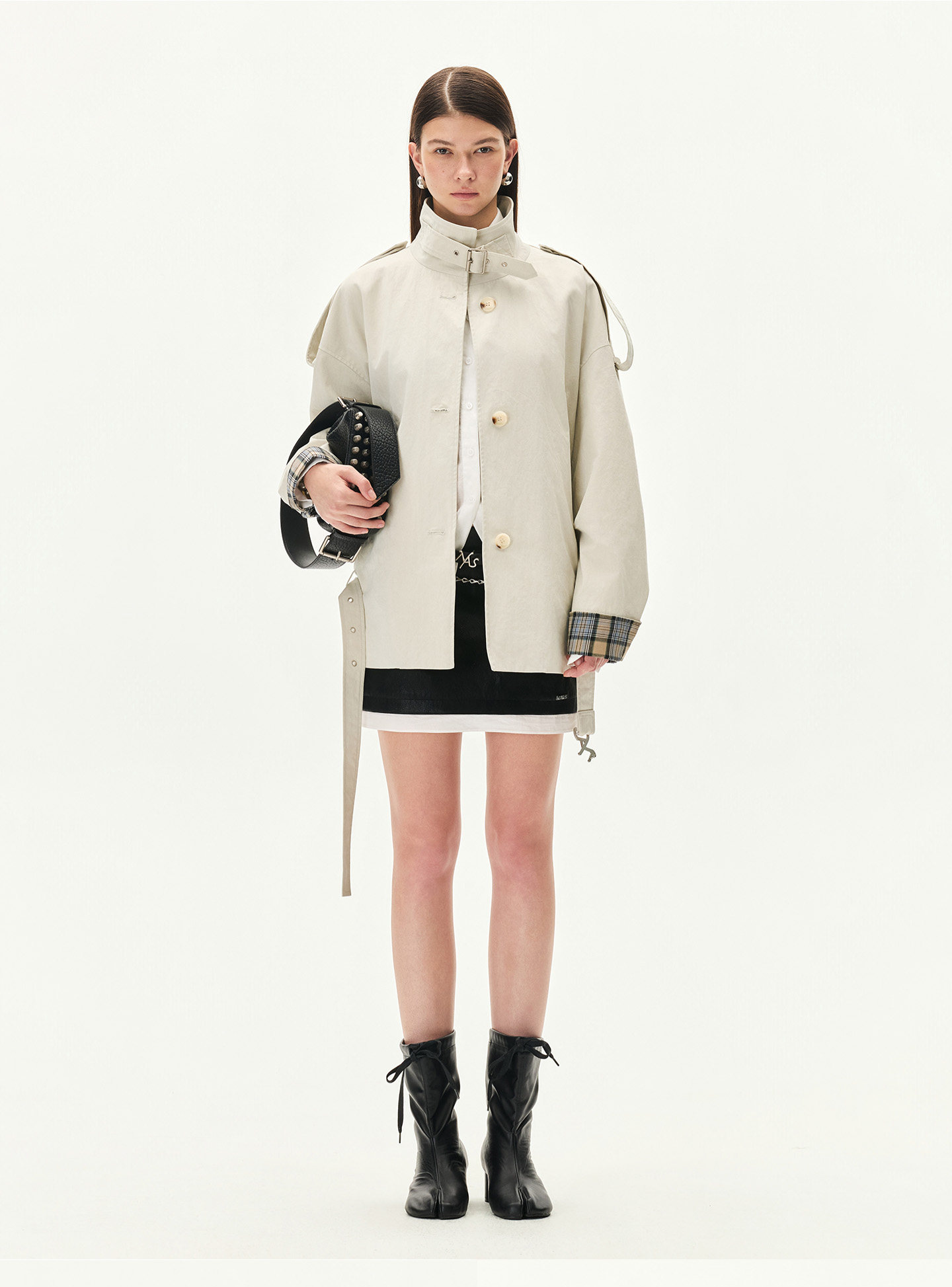 Contrast Plaid Belted Mid-Length Jacket