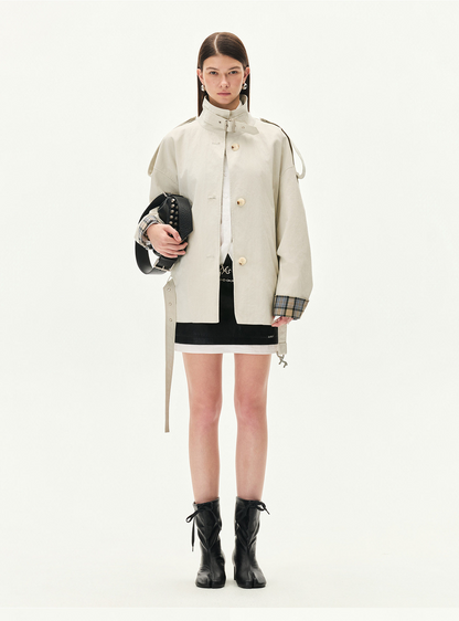 Contrast Plaid Belted Mid-Length Jacket