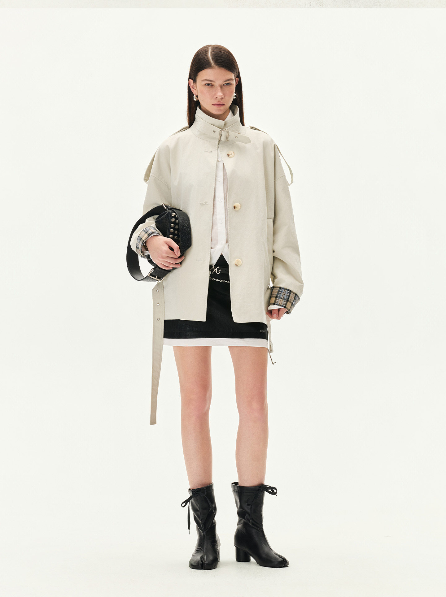 Contrast Plaid Belted Mid-Length Jacket