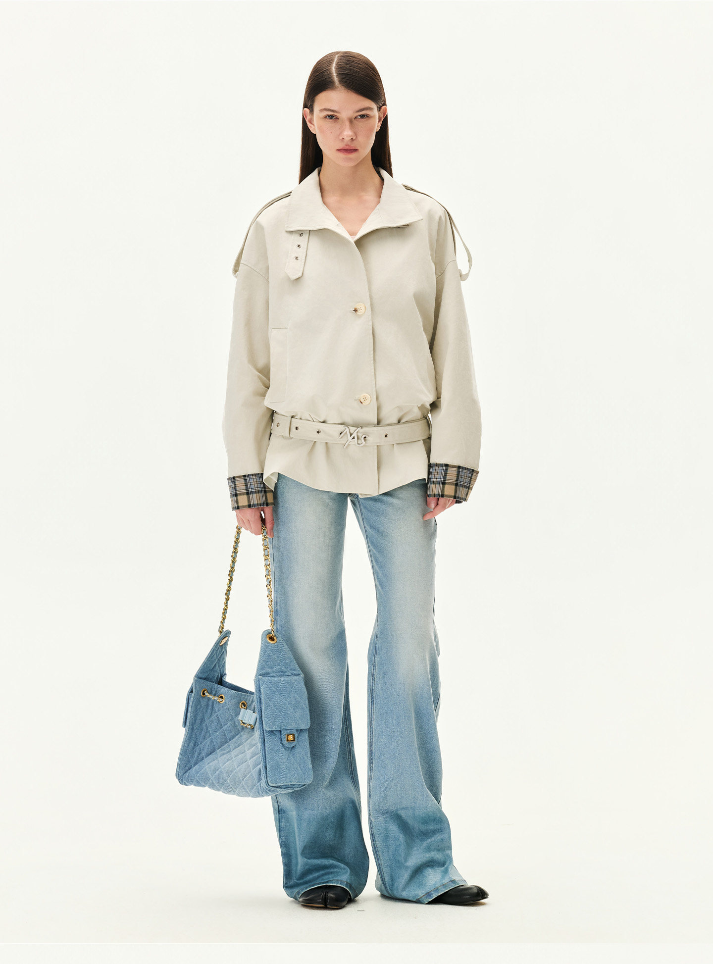 Contrast Plaid Belted Mid-Length Jacket