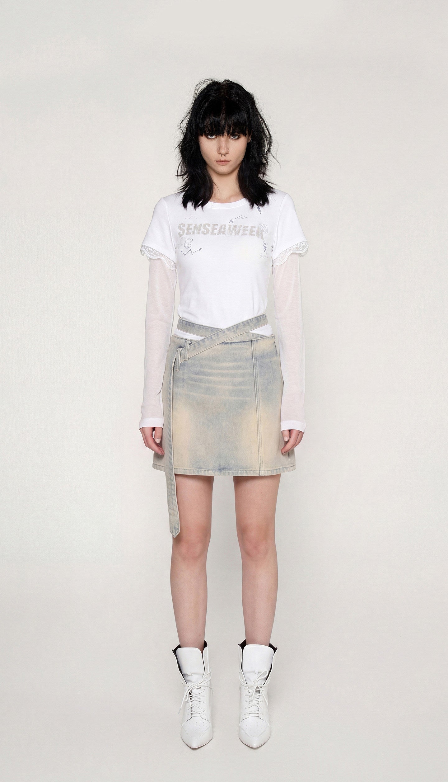 Distressed Denim Separated-Waist Skirt