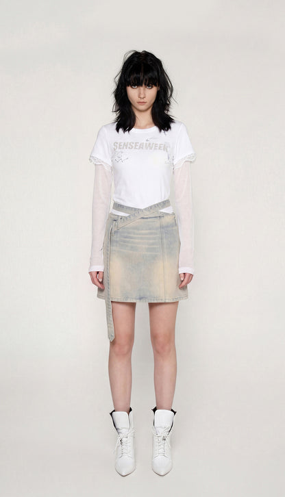 Distressed Denim Separated-Waist Skirt