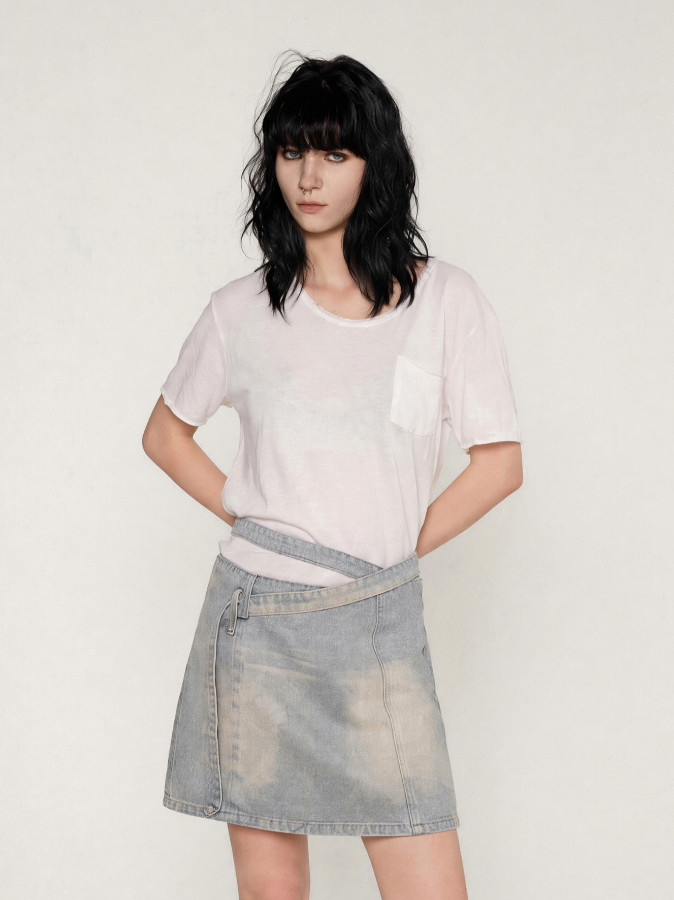 Distressed Denim Separated-Waist Skirt