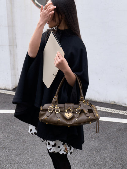 Textured Heart-Lock Top-Handle Bag