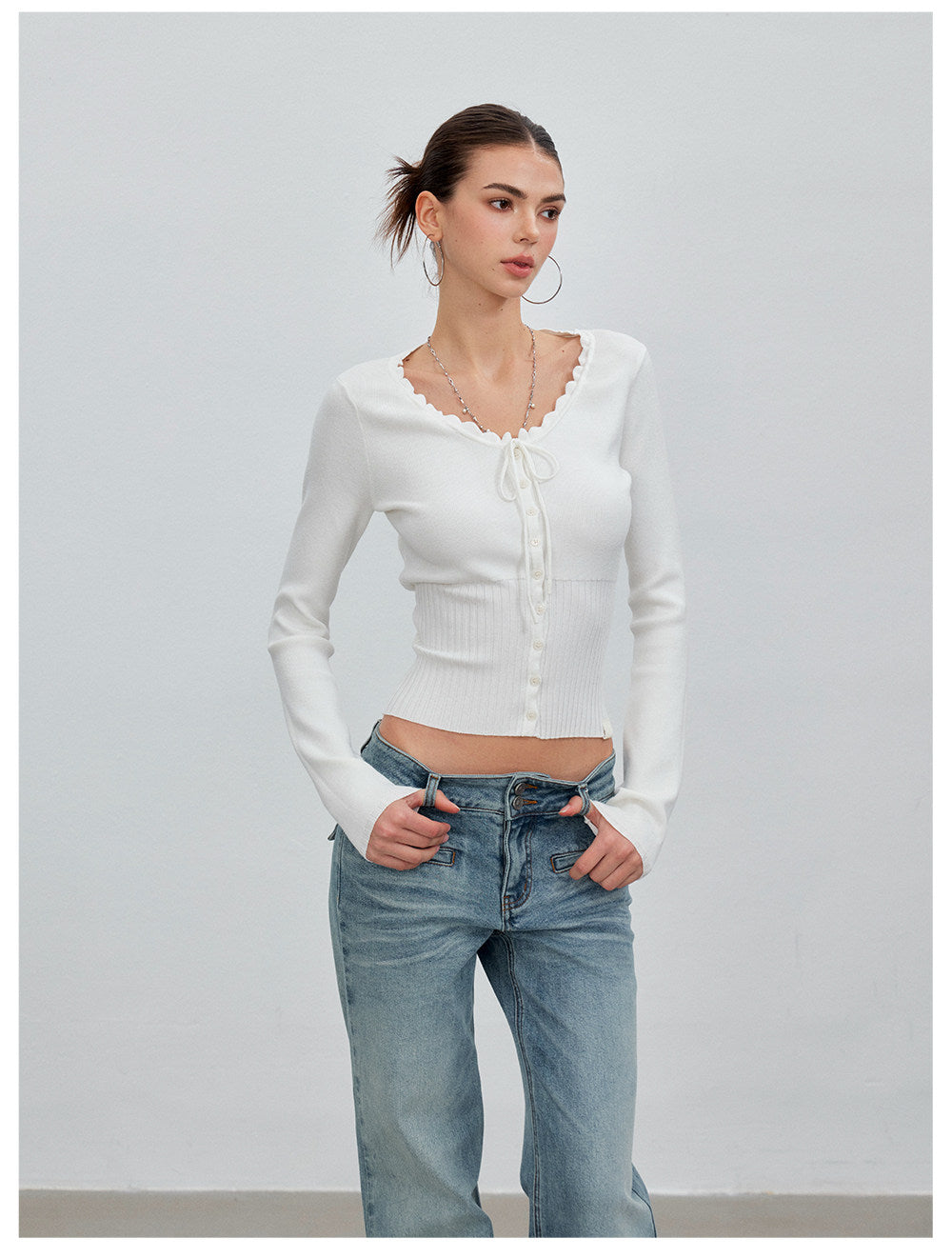 Ribbed Lace-Trim Fitted Knit Top