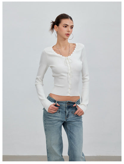 Ribbed Lace-Trim Fitted Knit Top