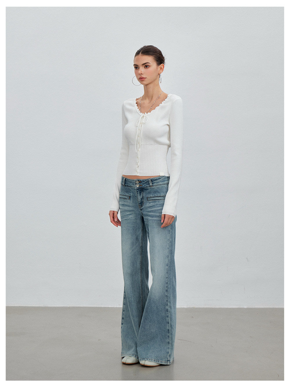 Ribbed Lace-Trim Fitted Knit Top