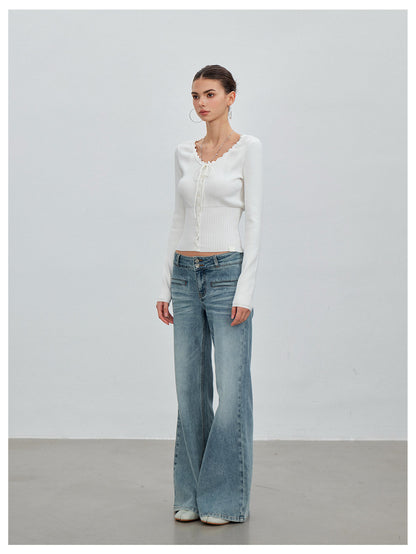 Ribbed Lace-Trim Fitted Knit Top
