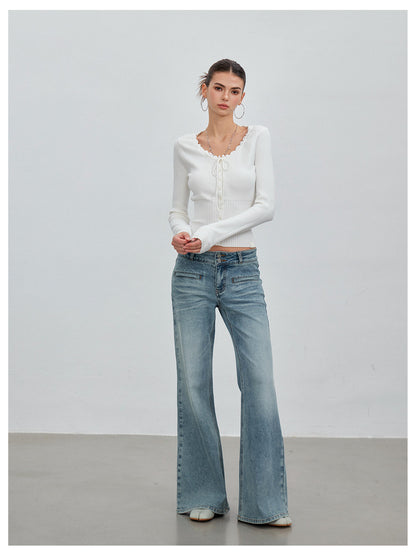 Ribbed Lace-Trim Fitted Knit Top