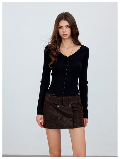 Ribbed Lace-Trim Fitted Knit Top