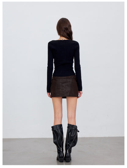 Ribbed Lace-Trim Fitted Knit Top