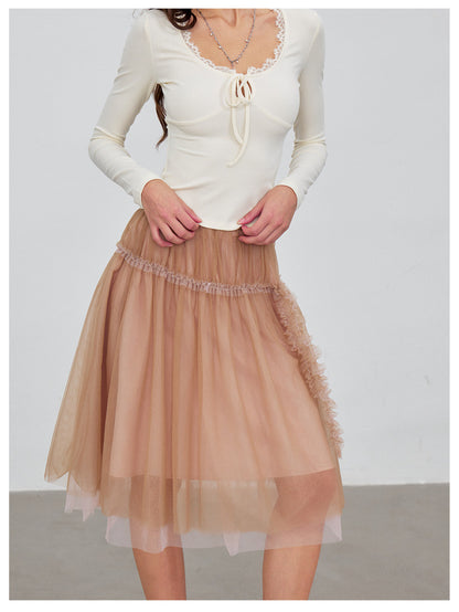 Ribbed Lace Tie Knit Top