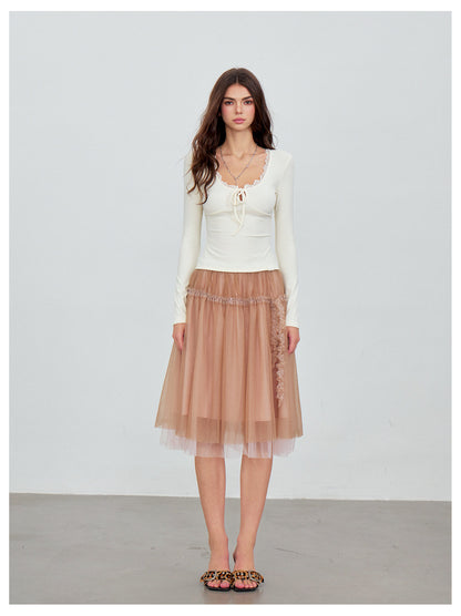 Ribbed Lace Tie Knit Top