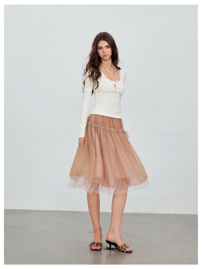 Ribbed Lace Tie Knit Top