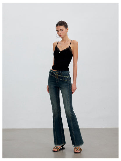 Washed Panel Flare Jeans