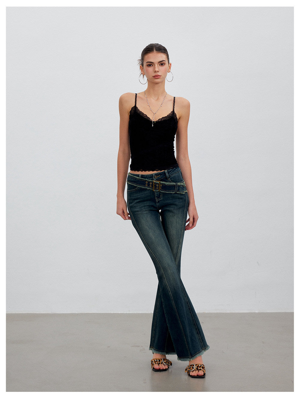 Washed Panel Flare Jeans