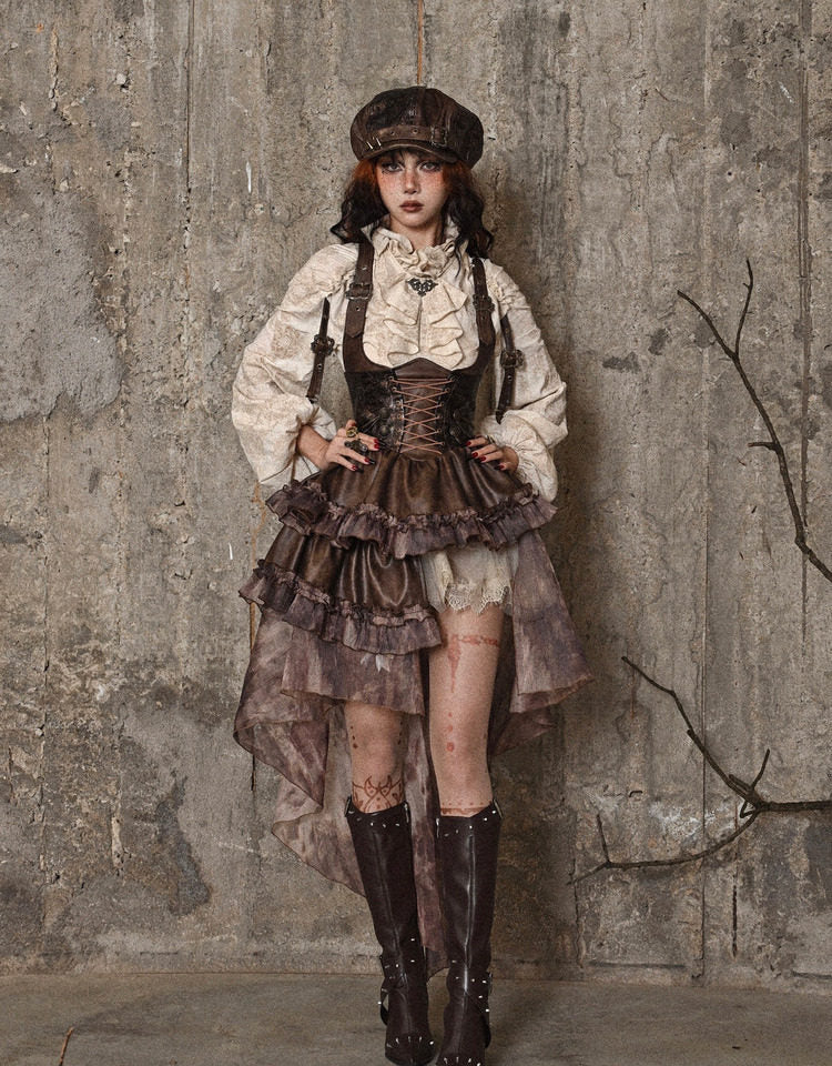Distressed Jacquard Asymmetric Train Skirt