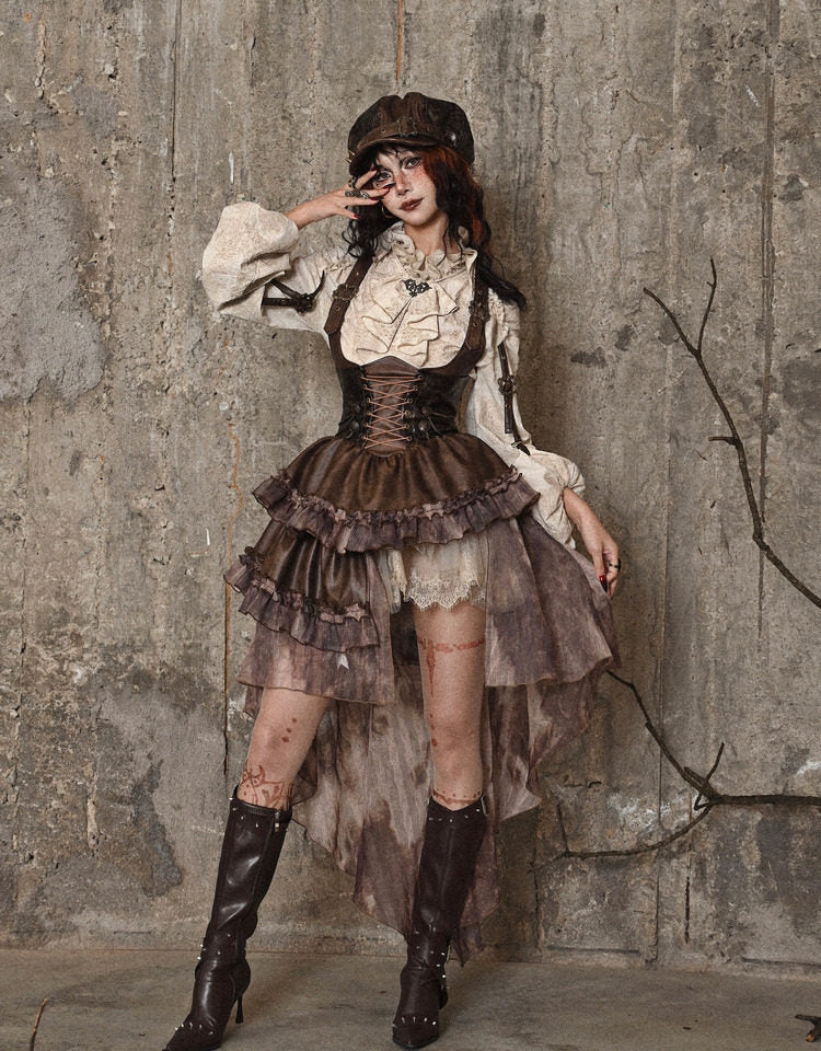 Distressed Jacquard Asymmetric Train Skirt