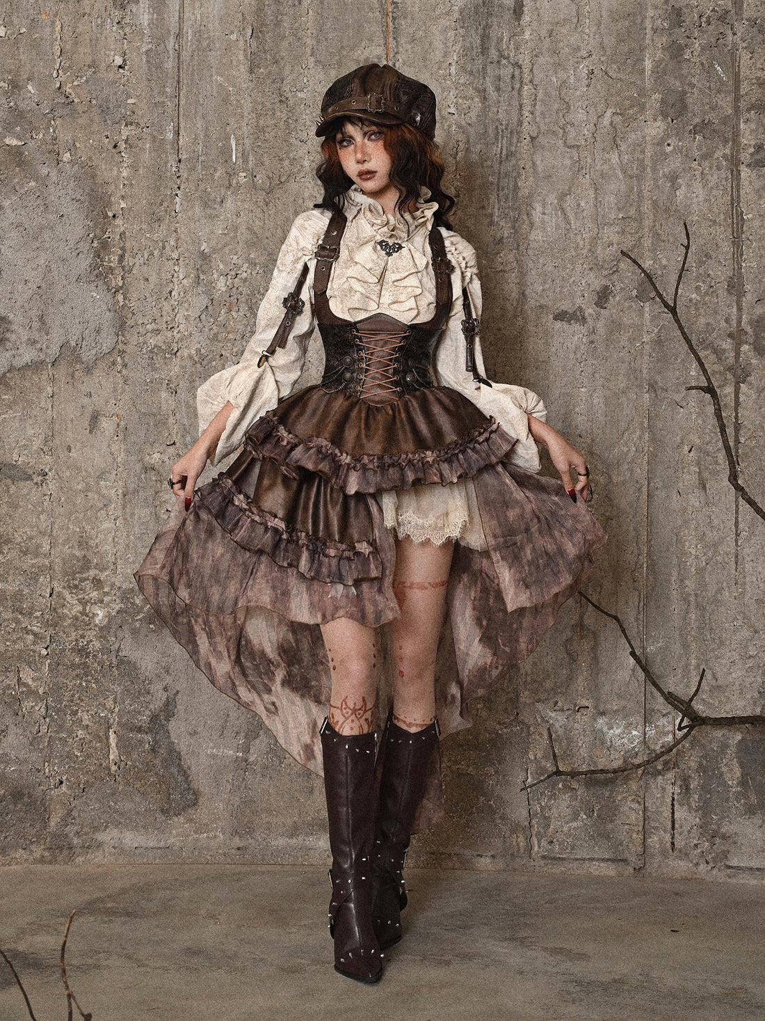 Distressed Jacquard Asymmetric Train Skirt