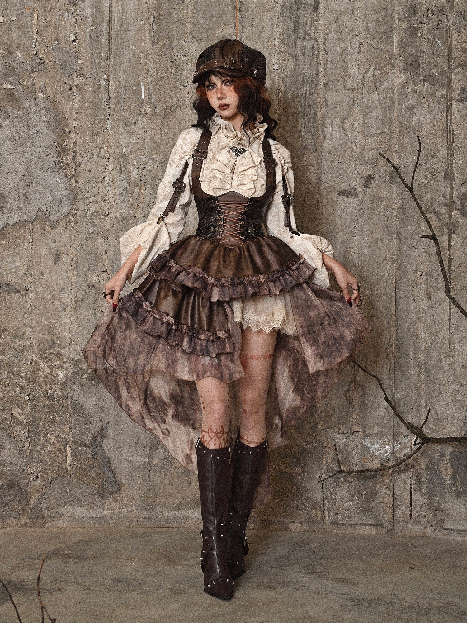 Distressed Jacquard Asymmetric Train Skirt