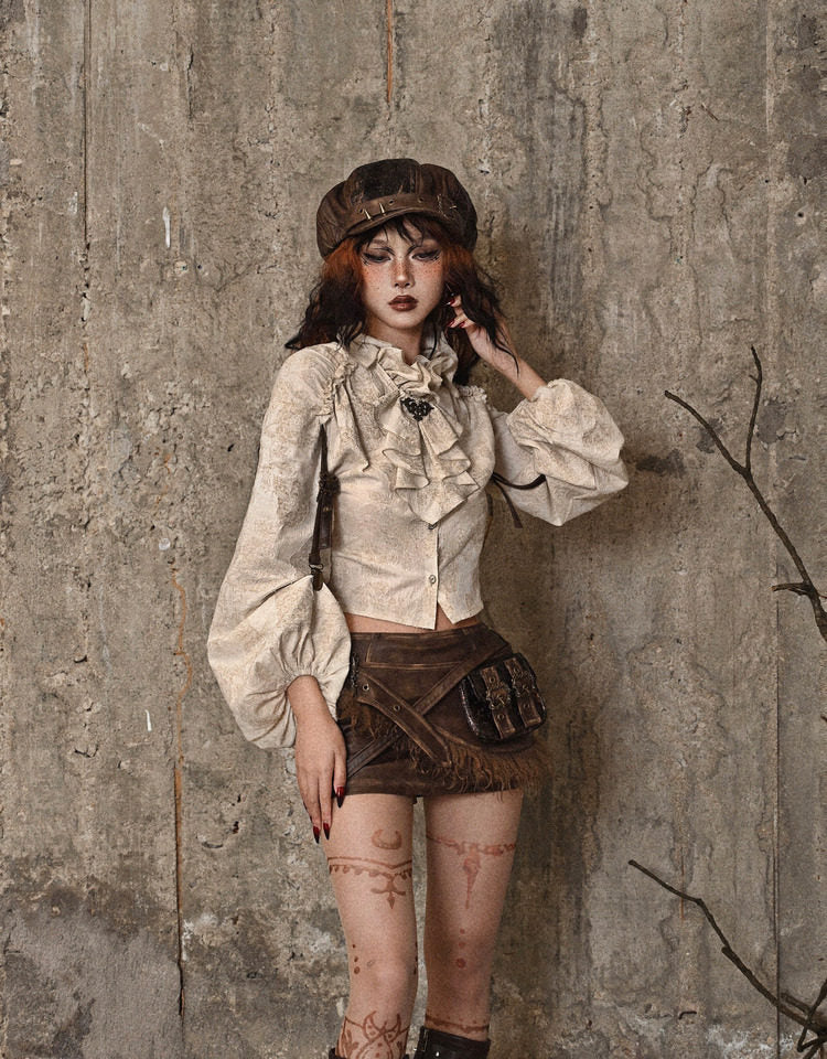Vintage Jacquard Ruffle Collar Shirt