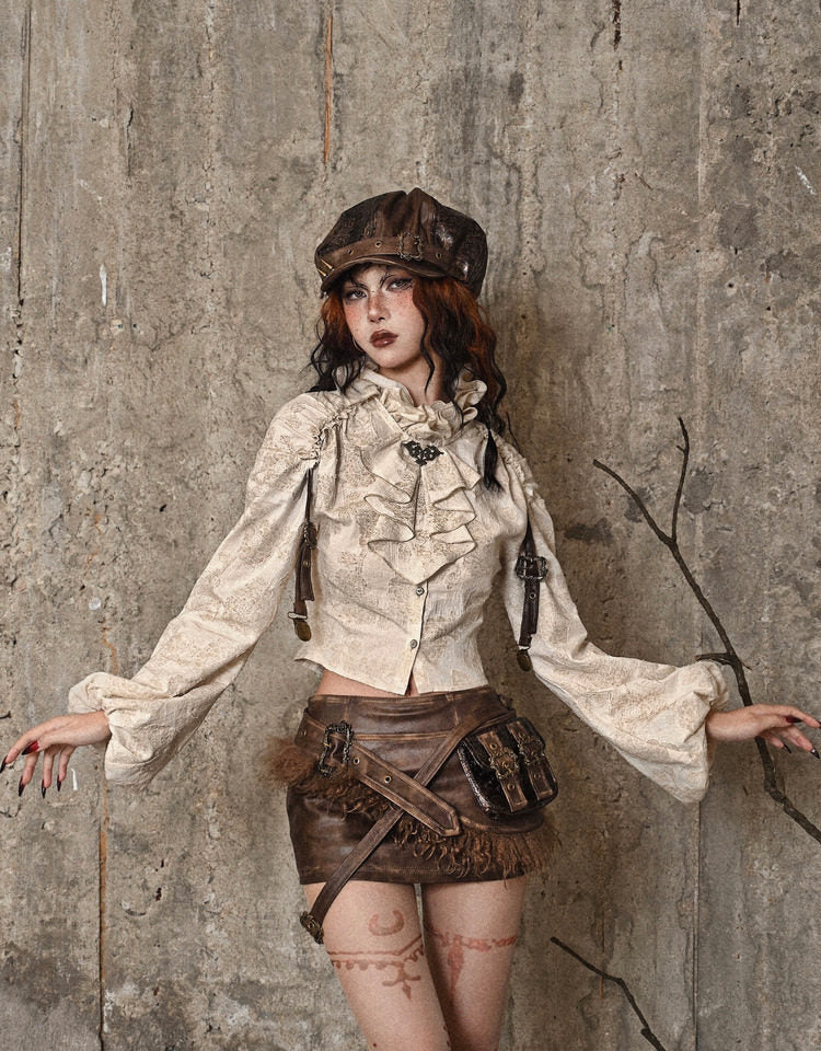 Vintage Jacquard Ruffle Collar Shirt