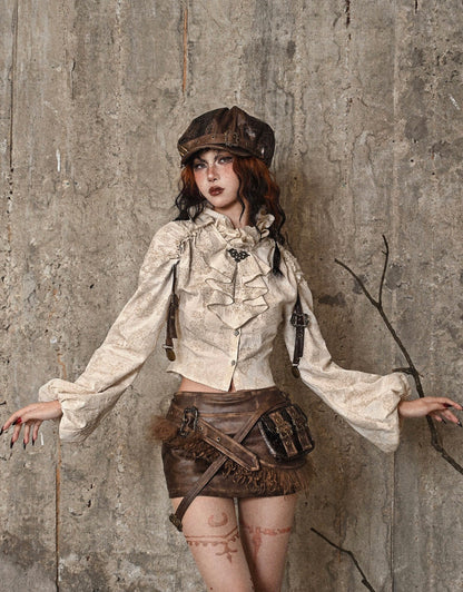 Vintage Jacquard Ruffle Collar Shirt