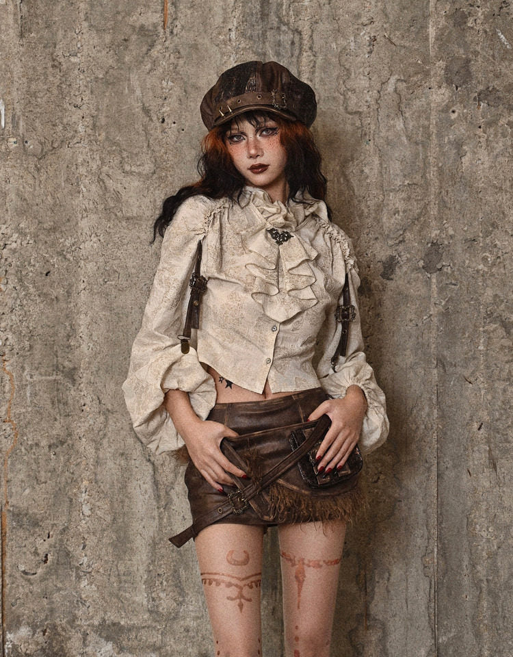 Vintage Jacquard Ruffle Collar Shirt