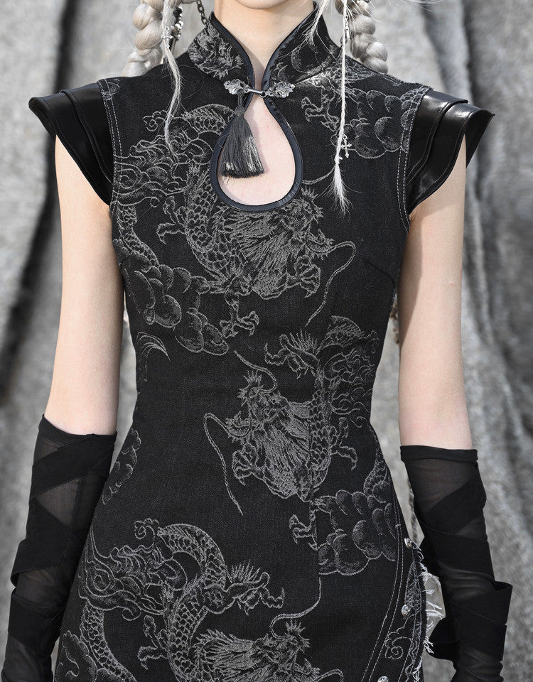Washed Denim Dragon Qipao Dress