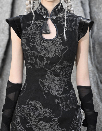 Washed Denim Dragon Qipao Dress
