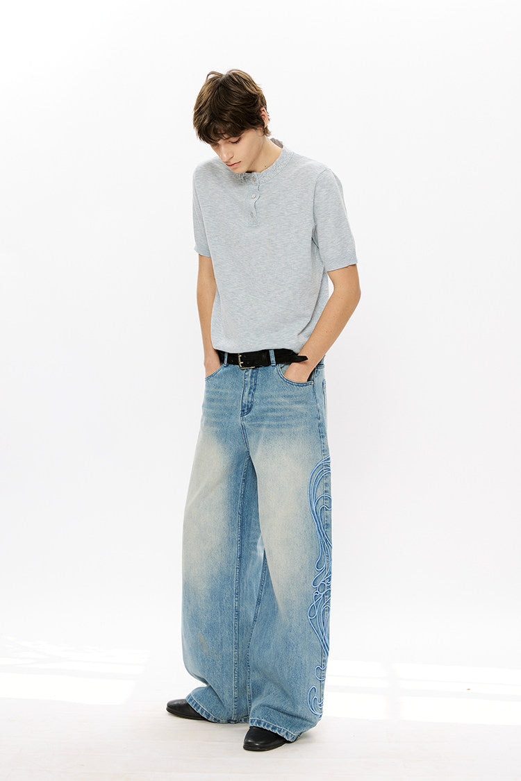 Washed Embroidered Wide-Leg Jeans
