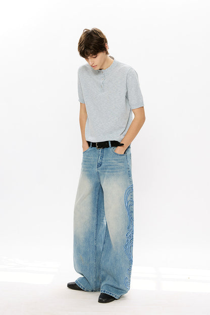 Washed Embroidered Wide-Leg Jeans