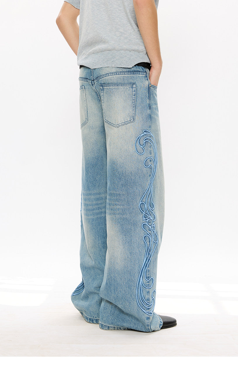 Washed Embroidered Wide-Leg Jeans
