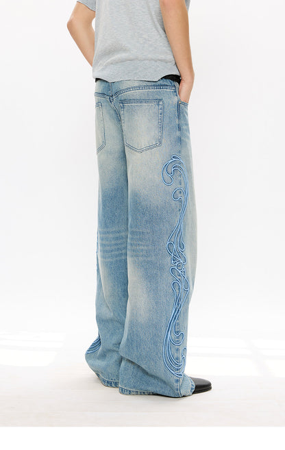 Washed Embroidered Wide-Leg Jeans