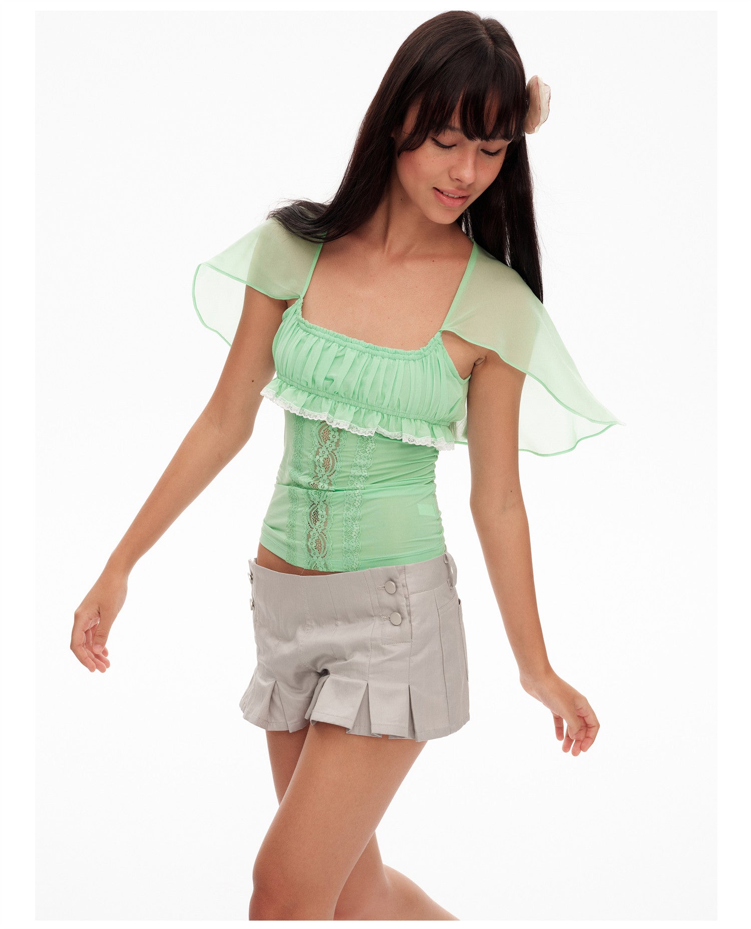 Lace Ruffle Fitted Chiffon Top