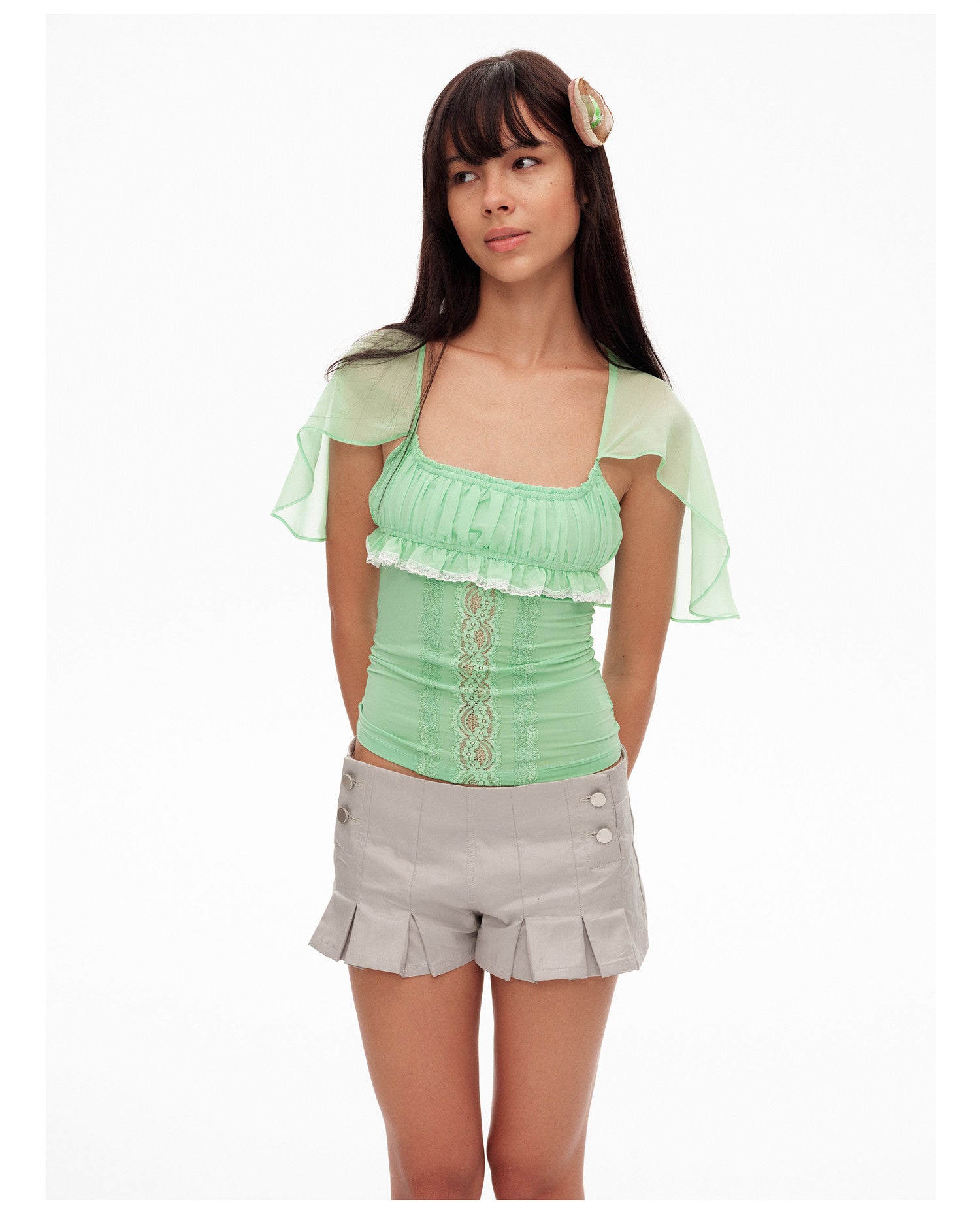 Lace Ruffle Fitted Chiffon Top