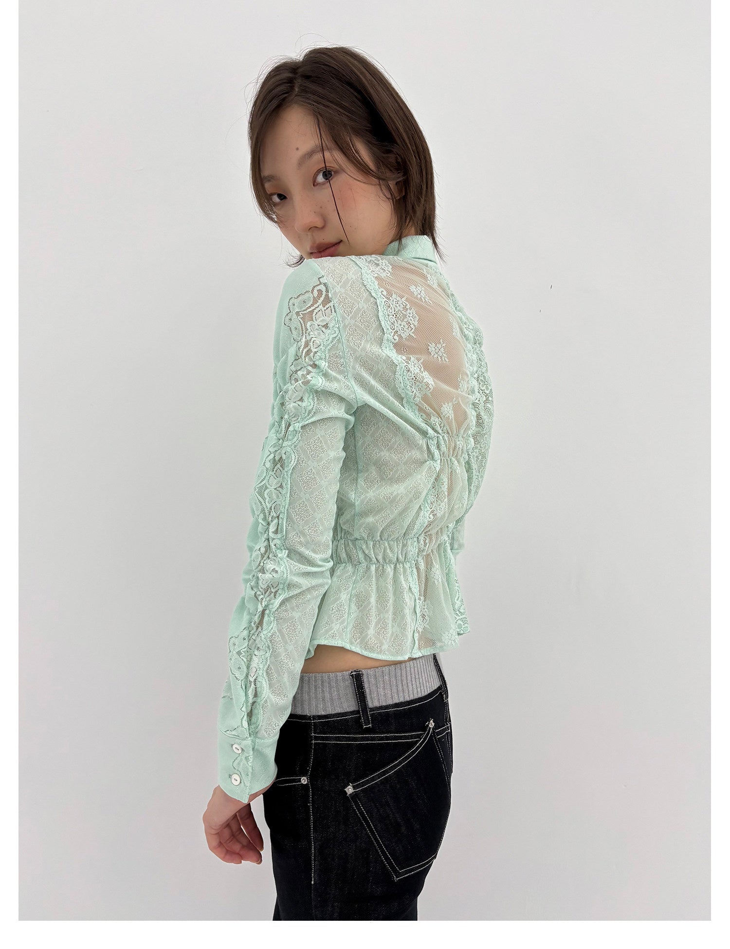 Lace Shirred Peplum Blouse
