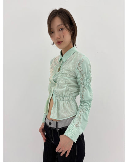 Lace Shirred Peplum Blouse