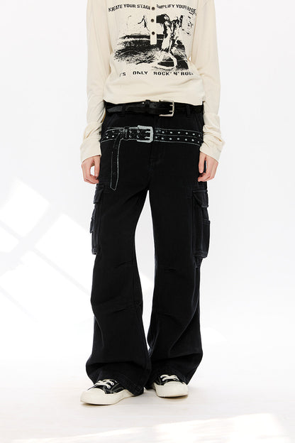 Washed Distressed Wide-Leg Cargo Pants